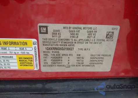 2013 GMC Acadia Slt-1 из США, поврежденный, VIN 1GKKRRKD6DJ199627